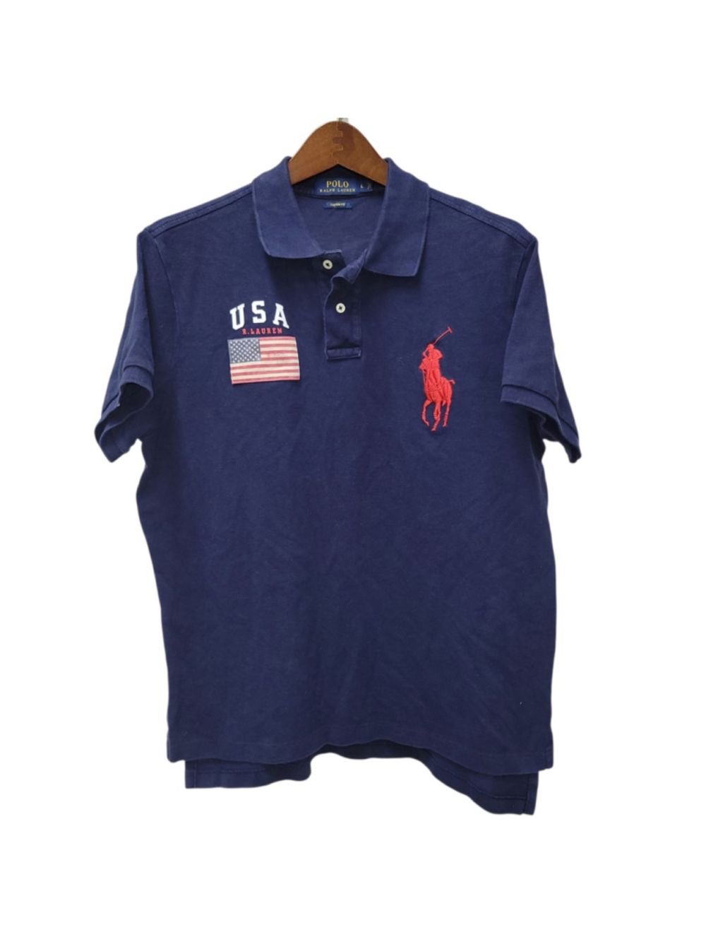Polo Ralph Lauren Men's Navy Custom Flag Big Red Pony Short Sleeve Shirt Pre-own